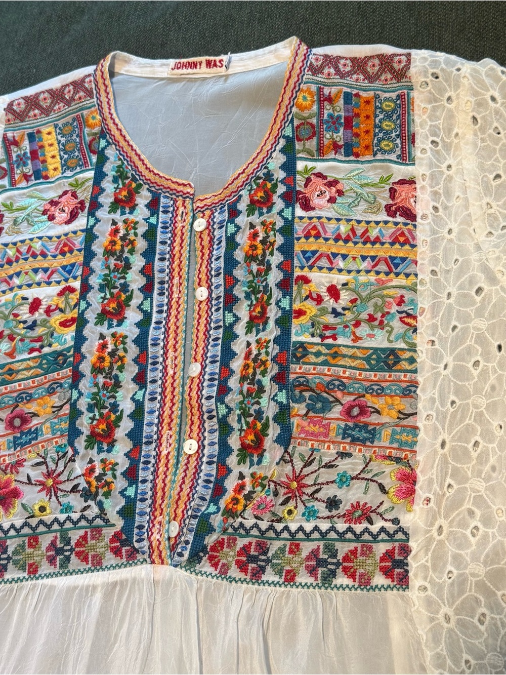 Johnny Was White Embroidered Boho Tunic with Multicolor Floral Panels